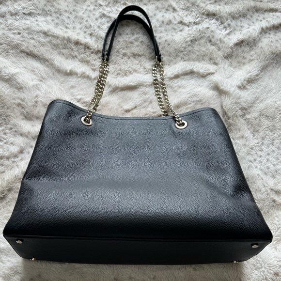 Kate Spade Large Black Leather Tote Bag with Gold Chain Laptop Compartment - Picture 9 of 12